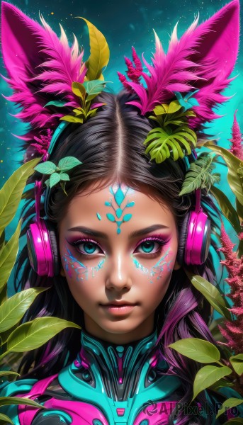 1girl,solo,long hair,looking at viewer,blue eyes,black hair,hair ornament,animal ears,closed mouth,upper body,purple hair,multicolored hair,artist name,signature,dark skin,two-tone hair,aqua eyes,dark-skinned female,lips,gradient,fox ears,eyelashes,bodysuit,makeup,glowing,headphones,leaf,watermark,facial mark,plant,lipstick,portrait,web address,forehead,eyeshadow,science fiction,pink lips,nose,eyeliner,whisker markings,facepaint,cyborg,neon trim,mascara,rabbit ears,fake animal ears,realistic