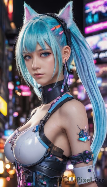 1girl,solo,long hair,breasts,looking at viewer,bangs,blue eyes,large breasts,hair ornament,animal ears,cleavage,bare shoulders,twintails,jewelry,medium breasts,closed mouth,blue hair,upper body,ponytail,hairband,earrings,hairclip,cat ears,blurry,from side,lips,aqua hair,tattoo,depth of field,blurry background,fake animal ears,corset,nose,underbust,sidelocks,outdoors,shiny,artist name,signature,eyelashes,night,expressionless,extra ears,armlet,science fiction,realistic,strap,bokeh,cyberpunk