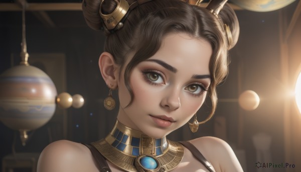 1girl,solo,looking at viewer,smile,short hair,brown hair,hair ornament,bare shoulders,brown eyes,jewelry,closed mouth,earrings,dark skin,hair bun,blurry,dark-skinned female,lips,eyelashes,double bun,makeup,blurry background,gem,portrait,eyeshadow,freckles,realistic,nose,bangs,close-up,gold