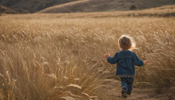 solo,short hair,brown hair,black hair,long sleeves,1boy,standing,jacket,male focus,boots,outdoors,day,pants,hood,from behind,black footwear,blurry,coat,fur trim,depth of field,hood down,grass,blue jacket,child,scenery,walking,blue pants,facing away,male child,field,wide shot,blue coat,shirt,full body,shoes,denim,jeans,wheat