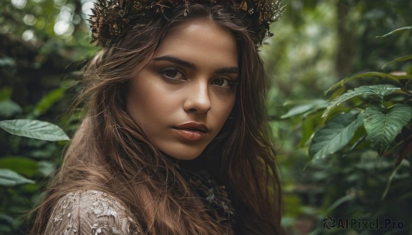 1girl,solo,long hair,looking at viewer,brown hair,hair ornament,brown eyes,outdoors,parted lips,teeth,day,blurry,black eyes,lips,depth of field,blurry background,leaf,plant,portrait,nature,freckles,realistic,nose,red lips,hat,from side,eyelashes,makeup,sunlight,close-up,forest