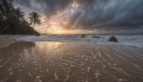 outdoors, sky, cloud, water, tree, dutch angle, no humans, ocean, beach, cloudy sky, scenery, sunset, rock, sand, palm tree, horizon, shore