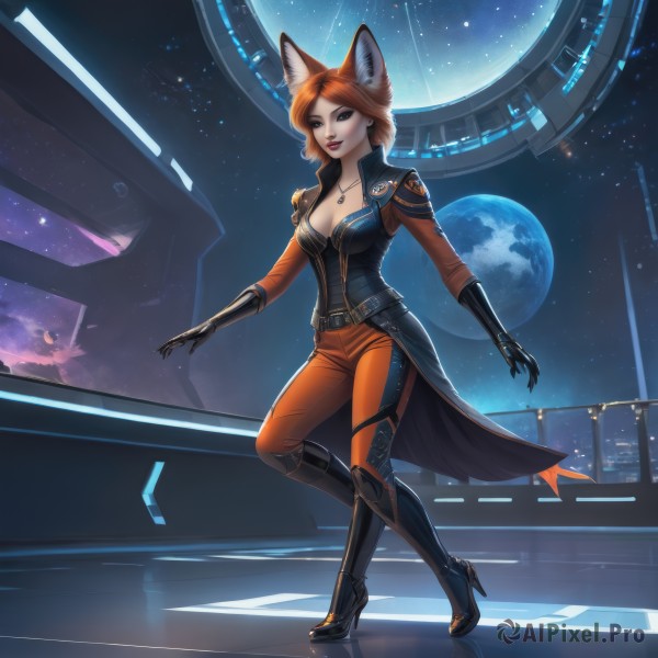 1girl,solo,breasts,looking at viewer,smile,short hair,brown hair,gloves,animal ears,cleavage,brown eyes,jewelry,medium breasts,standing,jacket,full body,earrings,boots,parted lips,sky,black gloves,belt,pants,artist name,necklace,black footwear,orange hair,high heels,lips,fox ears,bodysuit,makeup,night,fox tail,watermark,moon,knee boots,fox girl,star (sky),pendant,high heel boots,starry sky,science fiction,space,mechanical arms,planet,earth (planet),orange pants,blue eyes,green eyes,red hair,standing on one leg,light smile,lipstick,night sky,web address,extra ears,buckle,realistic,nose,red lips,leather,cyborg