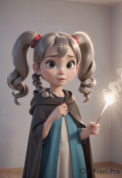 1girl,solo,long hair,looking at viewer,blush,smile,bangs,brown hair,dress,holding,twintails,brown eyes,standing,upper body,braid,indoors,cape,twin braids,lips,blue dress,child,cloak,freckles,robe,wand,female child,holding wand,sparkler,medium hair,white dress,drill hair,twin drills,fireworks,black robe