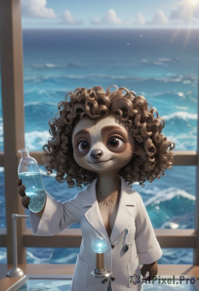 solo,looking at viewer,smile,brown hair,1boy,holding,brown eyes,standing,male focus,outdoors,sky,day,cloud,dark skin,water,blurry,blue sky,blurry background,ocean,sunlight,bottle,furry,curly hair,labcoat,sun,furry male,brown fur,test tube,flask,vial,potion,1girl,breasts,buttons,thick eyebrows,messy hair,furry female,white coat,holding bottle,watercraft