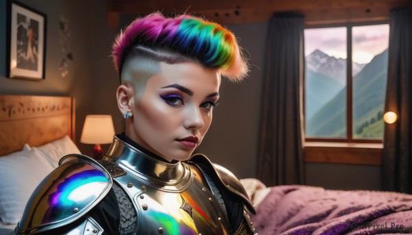 1girl,solo,looking at viewer,short hair,jewelry,closed mouth,blue hair,upper body,pink hair,purple hair,multicolored hair,earrings,indoors,armor,two-tone hair,lips,pillow,eyelashes,window,bed,makeup,piercing,lipstick,curtains,shoulder armor,portrait,eyeshadow,pauldrons,realistic,nose,eyeliner,very short hair,bedroom,undercut,purple lips,mascara,rainbow hair,purple eyes,green hair,artist name,signature,gradient hair,watermark,web address,asymmetrical hair,painting (object)