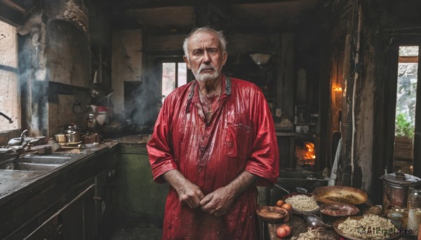 solo,looking at viewer,1boy,jewelry,standing,weapon,white hair,grey hair,male focus,food,indoors,necklace,cup,window,facial hair,scar,table,own hands together,fire,steam,beard,scar on face,plate,bowl,realistic,mustache,basket,manly,old,old man,cooking,kitchen,frying pan,sink,stove,wrinkled skin,shirt,closed mouth,red shirt,candle,bread,jar