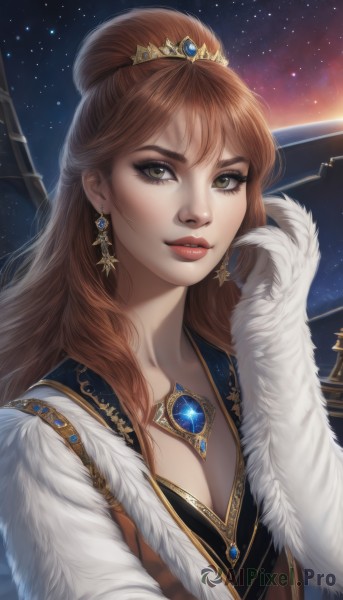 1girl,solo,long hair,breasts,looking at viewer,smile,brown hair,dress,cleavage,brown eyes,jewelry,medium breasts,green eyes,upper body,earrings,parted lips,sky,necklace,hair bun,lips,fur trim,eyelashes,makeup,night,single hair bun,gem,star (sky),night sky,starry sky,freckles,realistic,nose,red lips,bangs,artist name,tiara,lipstick,eyeshadow