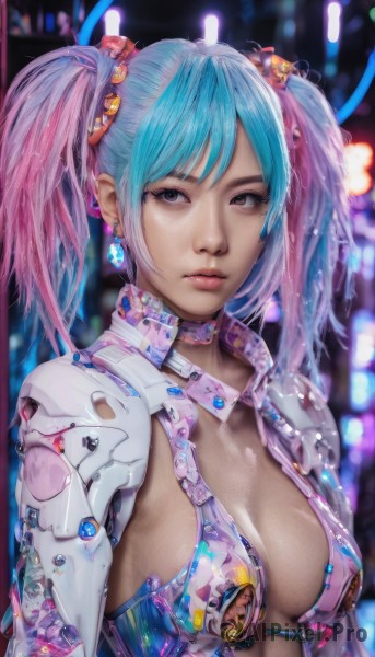 1girl,solo,long hair,breasts,looking at viewer,bangs,hair ornament,cleavage,twintails,brown eyes,jewelry,medium breasts,blue hair,upper body,pink hair,multicolored hair,earrings,choker,blurry,two-tone hair,lips,aqua hair,gradient hair,blurry background,revealing clothes,science fiction,realistic,nose,cyborg,cyberpunk,closed mouth,swimsuit,bikini,parted lips,armor,see-through,eyelashes,expressionless,piercing,cable