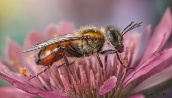 flower, blurry, no humans, depth of field, animal, bug, pink flower, flying, realistic, antennae, animal focus