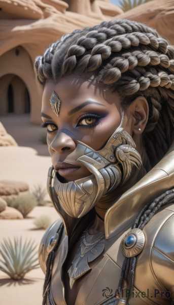 1girl,solo,long hair,breasts,looking at viewer,brown hair,black hair,cleavage,brown eyes,jewelry,yellow eyes,upper body,braid,earrings,outdoors,artist name,dark skin,armor,blurry,official alternate costume,dark-skinned female,lips,eyelashes,makeup,mask,blurry background,facial mark,lipstick,shoulder armor,portrait,eyeshadow,nose,very dark skin,desert,dreadlocks,jacket,grey hair,necklace,french braid,eyeliner,crown braid,facepaint,power armor,mascara