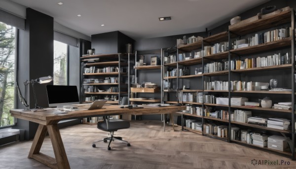 indoors,tree,cup,book,no humans,window,chair,table,bottle,plant,box,scenery,plate,wooden floor,bookshelf,lamp,computer,shelf,ceiling,ceiling light,cabinet,day,desk,monitor,laptop,keyboard (computer),speaker,office