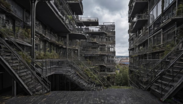 outdoors,sky,day,cloud,water,tree,no humans,window,bird,cloudy sky,building,scenery,stairs,city,aircraft,railing,ruins,bridge,overgrown,plant,power lines,railroad tracks