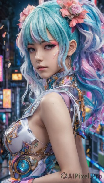 1girl,solo,long hair,breasts,looking at viewer,bangs,hair ornament,gloves,dress,bare shoulders,jewelry,medium breasts,closed mouth,blue hair,upper body,ponytail,pink hair,flower,multicolored hair,earrings,parted lips,sleeveless,hair flower,blurry,from side,two-tone hair,lips,grey eyes,petals,eyelashes,aqua hair,gradient hair,makeup,sleeveless dress,blurry background,wavy hair,lipstick,pink flower,eyeshadow,realistic,nose,mascara,blue eyes,twintails,swimsuit,sidelocks,bikini,outdoors,artist name,armor,looking to the side,night,depth of field,watermark,science fiction,pink lips,eyeliner,cyberpunk