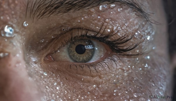 1girl,solo,looking at viewer,bangs,blue eyes,black hair,1boy,male focus,blurry,eyelashes,depth of field,close-up,reflection,blurry foreground,water drop,eye focus,yellow eyes,water