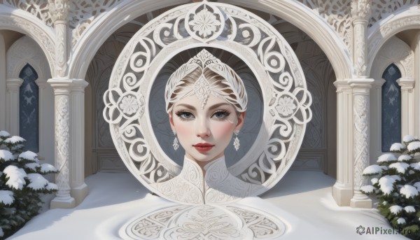 1girl,solo,looking at viewer,short hair,blue eyes,blonde hair,dress,jewelry,earrings,parted lips,indoors,white dress,lips,grey eyes,eyelashes,window,makeup,tiara,lipstick,gem,portrait,snow,snowing,red lips,snowflakes,winter,braid,white hair,tree,realistic,nose,bush,pillar,arch