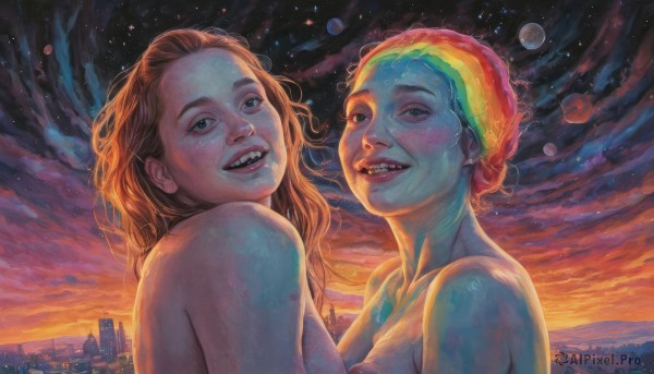 long hair,breasts,looking at viewer,smile,short hair,open mouth,multiple girls,brown hair,2girls,green eyes,upper body,nude,outdoors,sky,teeth,cloud,orange hair,lips,night,colored skin,cloudy sky,sharp teeth,building,star (sky),starry sky,freckles,sunset,city,realistic,cityscape,parted lips,planet,sunrise