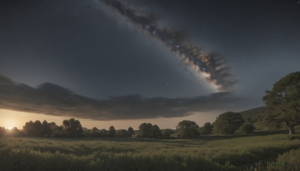 outdoors,sky,cloud,tree,no humans,night,grass,star (sky),nature,night sky,scenery,forest,smoke,starry sky,sunset,mountain,sun,landscape,hill,field