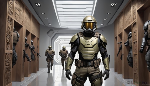 gloves,holding,standing,weapon,male focus,multiple boys,belt,indoors,armor,uniform,gun,military,military uniform,helmet,knife,shoulder armor,rifle,handgun,reflection,walking,6+boys,pouch,door,assault rifle,holster,shoulder pads,submachine gun,hallway,soldier,bullpup,bulletproof vest,holding gun,web address,science fiction,pauldrons,sniper rifle,full armor,battle rifle