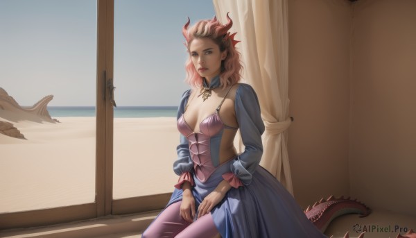 1girl,solo,long hair,breasts,looking at viewer,skirt,long sleeves,dress,cleavage,brown eyes,medium breasts,sitting,closed mouth,tail,pink hair,red hair,horns,sky,day,pointy ears,puffy sleeves,indoors,lips,window,ocean,beach,curtains,monster girl,corset,dragon horns,dragon girl,dragon tail,scales,hands on lap,blue eyes,brown hair,multicolored hair,two-tone hair