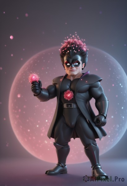 solo,short hair,black hair,gloves,1boy,closed mouth,standing,full body,flower,male focus,boots,open clothes,black gloves,belt,artist name,armor,bodysuit,mask,muscular,glowing,moon,web address,black bodysuit,superhero,domino mask,looking at viewer,multicolored hair,dark skin,cape,coat,cosplay,watermark,spiked hair,gauntlets,clenched hand,glowing eyes,buckle,full moon,clenched hands,serious,vambraces,armored boots,aura,white eyes,no pupils,fusion