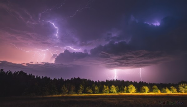 outdoors,sky,cloud,tree,no humans,cloudy sky,grass,nature,scenery,forest,sunset,mountain,electricity,road,lightning,landscape,purple sky,dark