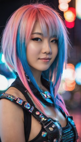 1girl,solo,long hair,breasts,looking at viewer,smile,bangs,cleavage,bare shoulders,medium breasts,closed mouth,blue hair,upper body,pink hair,multicolored hair,sleeveless,blurry,black eyes,two-tone hair,lips,looking to the side,depth of field,blurry background,realistic,nose,bokeh,short hair,brown eyes,jewelry,necklace,streaked hair,badge