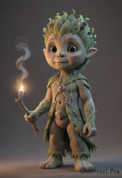 solo,looking at viewer,smile,simple background,1boy,holding,brown eyes,closed mouth,standing,full body,male focus,green hair,barefoot,pointy ears,black eyes,leaf,facial mark,fire,plant,furry,smoke,candle,male child,vines,stick,holding stick,blonde hair,navel,artist name,furry male,flame