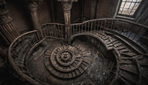 indoors,dutch angle,no humans,window,from above,sunlight,scenery,stairs,pillar,gears,arch,solo,day,light particles,light rays,railing,clock,architecture,ruins,column