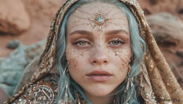 1girl,solo,long hair,looking at viewer,jewelry,blue hair,earrings,parted lips,solo focus,artist name,blurry,lips,grey eyes,eyelashes,aqua hair,depth of field,blurry background,gem,portrait,veil,close-up,freckles,realistic,brown eyes,necklace,headdress,head chain