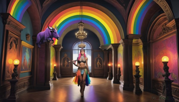 1girl,solo,long hair,breasts,looking at viewer,smile,skirt,large breasts,thighhighs,gloves,hat,navel,cleavage,standing,weapon,pink hair,boots,midriff,belt,indoors,dark skin,reflection,walking,wooden floor,candle,wide shot,rainbow,horse,pillar,statue,stained glass,candlestand,medium breasts,red hair,armor,dark-skinned female,fantasy