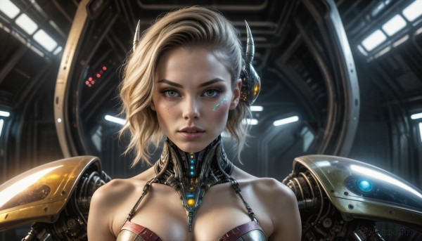 HQ,1girl,solo,breasts,looking at viewer,short hair,blue eyes,blonde hair,cleavage,bare shoulders,medium breasts,collarbone,upper body,parted lips,wings,artist name,armor,lips,makeup,headgear,portrait,freckles,science fiction,realistic,nose,cyborg,mechanical halo,mechanical wings,large breasts,glowing,close-up,forehead,cable,dirty,cyberpunk