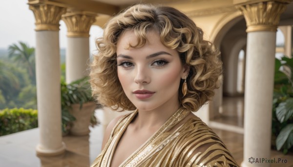 1girl,solo,looking at viewer,smile,short hair,blonde hair,brown hair,brown eyes,jewelry,closed mouth,upper body,multicolored hair,earrings,outdoors,day,mole,blurry,lips,looking to the side,grey eyes,eyelashes,makeup,blurry background,plant,portrait,curly hair,realistic,nose,potted plant,pillar,arch,column,bangs,dress,depth of field