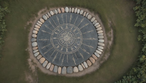 outdoors,tree,no humans,leaf,from above,grass,plant,nature,scenery,reflection,clock,teeth,roman numeral