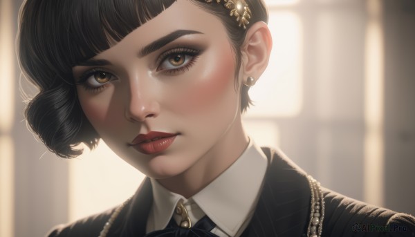 1girl,solo,looking at viewer,short hair,bangs,brown hair,shirt,black hair,hair ornament,brown eyes,jewelry,closed mouth,white shirt,earrings,hairclip,collared shirt,blunt bangs,blurry,lips,eyelashes,makeup,blurry background,portrait,close-up,realistic,nose,red lips,blush,ribbon,jacket,parted lips,necklace,formal,suit,lipstick,backlighting