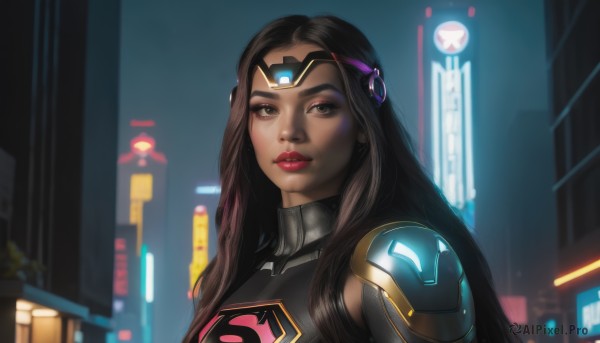 1girl,solo,long hair,looking at viewer,brown hair,black hair,brown eyes,upper body,outdoors,parted lips,dark skin,armor,blurry,dark-skinned female,lips,eyelashes,makeup,night,blurry background,turtleneck,headgear,lipstick,shoulder armor,building,portrait,eyeshadow,city,nose,red lips,forehead jewel,teeth,black eyes,bodysuit,science fiction,circlet,realistic,power armor