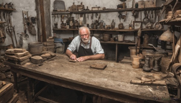 solo,shirt,1boy,white shirt,weapon,male focus,sword,indoors,apron,book,facial hair,scar,chair,table,bottle,knife,beard,sleeves rolled up,realistic,mustache,bucket,bald,old,hammer,old man,shelf,loaded interior,cup,ring,lamp,axe,jar,shop,counter,cutting board