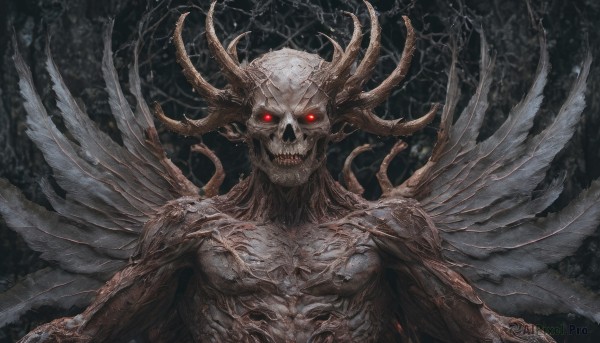 solo,looking at viewer,red eyes,1boy,upper body,male focus,wings,horns,teeth,tree,no humans,glowing,sharp teeth,glowing eyes,1other,skull,monster,ribs,skeleton,extra eyes,bone,horror (theme),dark,demon,multiple wings,multiple horns