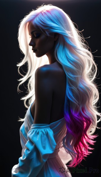 1girl,solo,long hair,breasts,blue eyes,simple background,dress,bare shoulders,closed mouth,blue hair,closed eyes,upper body,pink hair,white hair,multicolored hair,small breasts,detached sleeves,dark skin,off shoulder,white dress,from side,two-tone hair,dark-skinned female,lips,gradient hair,profile,makeup,colored skin,wavy hair,black background,eyeshadow,backlighting,nose,very dark skin,glowing hair,medium breasts,purple hair,artist name,eyelashes,sideboob,blue dress,curly hair,off-shoulder dress,mascara,sidelighting