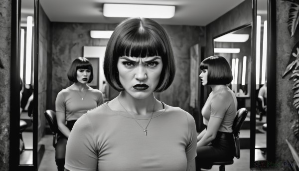 1girl,breasts,looking at viewer,short hair,bangs,multiple girls,shirt,jewelry,medium breasts,sitting,closed mouth,monochrome,short sleeves,greyscale,horns,teeth,pants,indoors,3girls,blunt bangs,necklace,lips,window,makeup,multiple views,chair,bob cut,plant,t-shirt,reflection,mirror,realistic,nose,parody,cross,lipstick,cross necklace,office chair