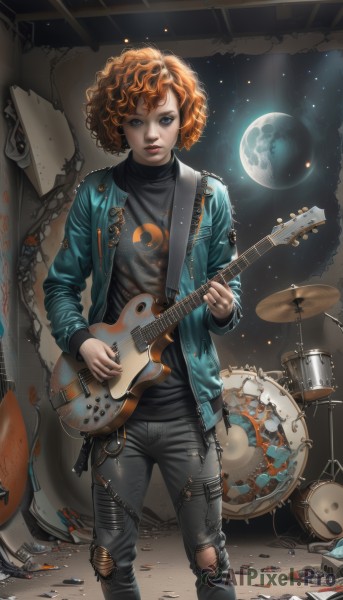 1girl,solo,looking at viewer,short hair,blue eyes,brown hair,shirt,jewelry,standing,jacket,red hair,open clothes,pants,necklace,orange hair,open jacket,lips,torn clothes,black shirt,moon,denim,instrument,star (sky),curly hair,jeans,realistic,nose,music,guitar,cable,space,leather,playing instrument,planet,holding instrument,electric guitar,torn pants,drum,bass guitar,drumsticks,afro,plectrum,torn jeans,denim jacket,grey eyes,makeup,chain,freckles,badge,torn shirt,leather jacket