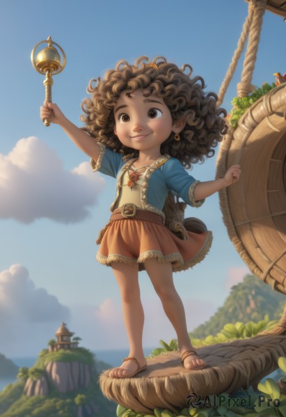 1girl,solo,long hair,smile,skirt,brown hair,brown eyes,jewelry,earrings,outdoors,sky,day,belt,cloud,dark skin,necklace,flat chest,dark-skinned female,blue sky,sandals,child,curly hair,female child,barrel,windmill,shirt,holding,standing,jacket,full body,short sleeves,parted lips,blurry,arm up,tree,lips,watermark,brown footwear,blue shirt,staff,wind,messy hair,rope,shield,cliff