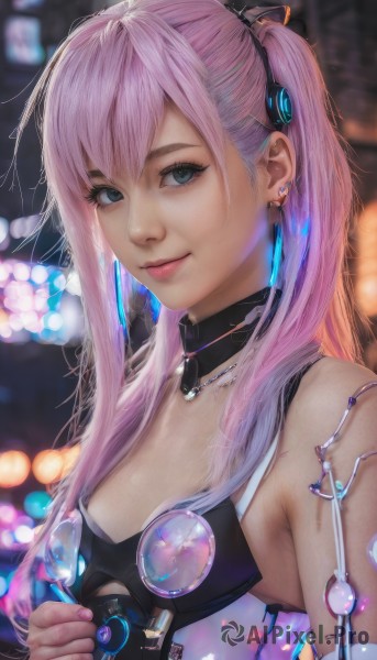 1girl,solo,long hair,breasts,looking at viewer,smile,bangs,blue eyes,hair ornament,cleavage,bare shoulders,twintails,jewelry,closed mouth,upper body,pink hair,earrings,small breasts,choker,nail polish,blurry,lips,grey eyes,makeup,depth of field,blurry background,piercing,ear piercing,pink nails,realistic,nose,hair between eyes,multicolored hair,artist name,necklace,fingernails,eyelashes,detached collar,science fiction