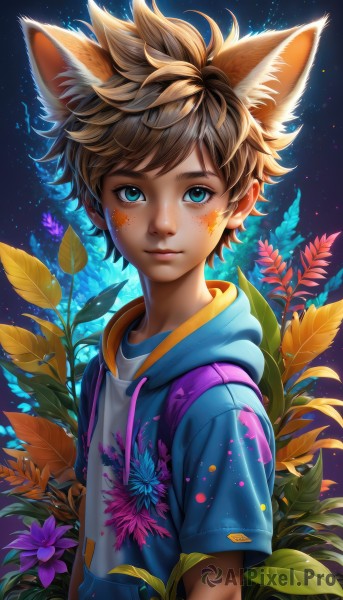 solo,looking at viewer,short hair,bangs,blue eyes,brown hair,shirt,1boy,animal ears,closed mouth,jacket,white shirt,upper body,flower,short sleeves,male focus,open clothes,artist name,hood,open jacket,lips,fox ears,hoodie,leaf,watermark,hood down,plant,t-shirt,star (sky),extra ears,freckles,purple flower,drawstring,male child,open hoodie,paint splatter,fox boy,sky,star (symbol),animal ear fluff,night,facial mark,backpack,blue shirt,spiked hair,child,night sky,web address,light particles,starry sky,nose,bandaid on face,facepaint,print shirt,vines,dirty