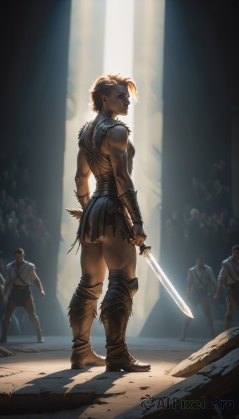 1girl,short hair,skirt,brown hair,holding,standing,full body,weapon,male focus,boots,multiple boys,sleeveless,solo focus,sword,from behind,holding weapon,armor,torn clothes,muscular,glowing,holding sword,knee boots,knife,6+boys,vambraces,bracer,dagger,crowd,tunic,blue eyes,blonde hair,thighs,looking back,tattoo,muscular male,realistic,nose,muscular female,biceps,mohawk