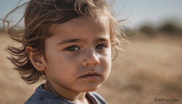 1girl,solo,looking at viewer,short hair,brown hair,brown eyes,closed mouth,outdoors,day,blurry,lips,floating hair,depth of field,blurry background,expressionless,wind,messy hair,portrait,realistic,sky,eyelashes,close-up,nose