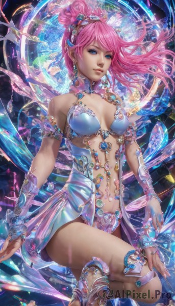 1girl,solo,long hair,breasts,looking at viewer,blue eyes,hair ornament,navel,cleavage,bare shoulders,jewelry,medium breasts,pink hair,earrings,hair bun,armor,lips,single hair bun,gem,revealing clothes,armlet,realistic,bikini armor,swimsuit,bikini,hairband,high heels,watermark,web address