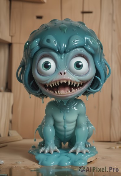 1girl,solo,looking at viewer,smile,open mouth,green eyes,blue hair,full body,teeth,artist name,indoors,blurry,wet,no humans,colored skin,watermark,sharp teeth,child,claws,1other,reflection,monster,wooden floor,blue skin,female child,dripping,slime (substance),horror (theme),short hair,green hair,water,blurry background,monster girl,green skin,puddle