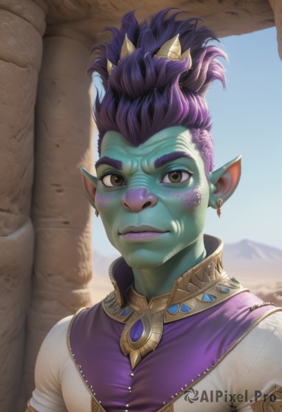 solo,looking at viewer,smile,short hair,1boy,brown eyes,jewelry,closed mouth,upper body,purple hair,male focus,earrings,outdoors,horns,sky,day,pointy ears,artist name,blue sky,makeup,colored skin,thick eyebrows,freckles,green skin,hair pulled back,mohawk,desert,1girl,lips,scar,portrait,scar on face,realistic,nose,scar on nose,orc,eyebrow cut