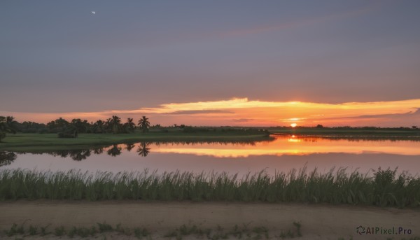 outdoors,sky,cloud,water,tree,no humans,ocean,grass,nature,scenery,reflection,sunset,sun,horizon,road,river,evening,landscape,gradient sky,orange sky,hill,moon,cloudy sky,plant,forest,twilight,lake